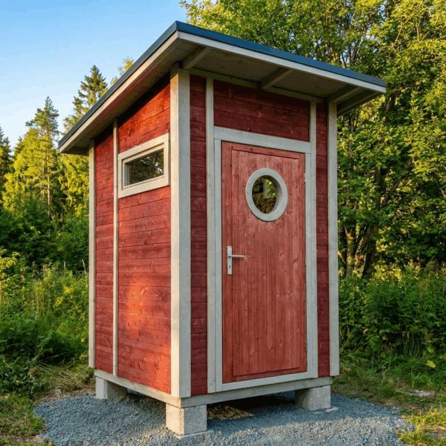 Röd utedassbyggnad i skogen – klassiskt utedass